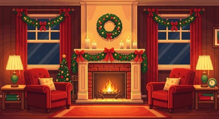 Cozy Christmas Living Room Pixel Art with Fireplace and Decorations