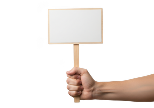 Hand holding a blank protest sign on a wooden stick ready for custom messages isolated on transparent background