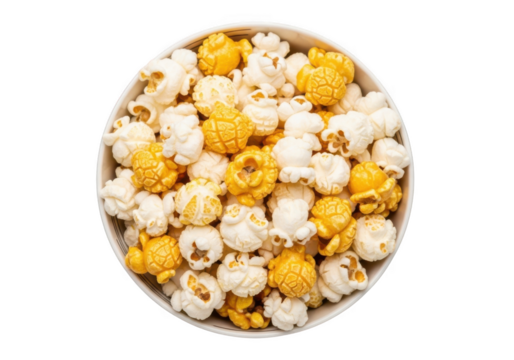 A delicious bowl overflowing with a mix of classic buttered and sweet caramel popcorn perfectly popped and ready to enjoy isolated on transparent background