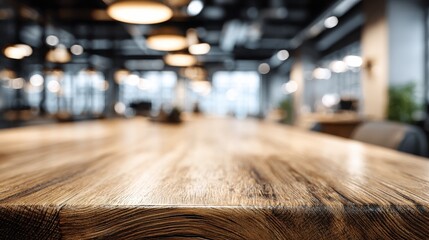 modern office meeting table with clean minimalist design and warm wooden surface under soft overhead lighting professional workspace with blurred background f40 corporate environment
