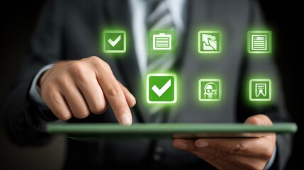 business professional using tablet with glowing icons and green checkmark symbolizing evaluation approval and digital strategy