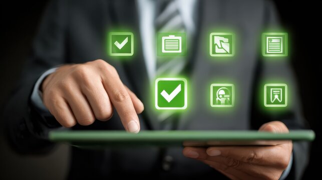 business professional using tablet with glowing icons and green checkmark symbolizing evaluation approval and digital strategy
