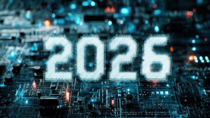 futuristic digital display with the year 2026 in glowing white numerals amidst a blurred backdrop of blue lights and circuit board patterns