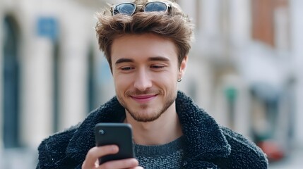 A close up portrait of a cheerful young man with brown hair and sunglasses perched on his head engrossed in his mobile phone outdoors in a blurred urban setting wearing a fashionable coat