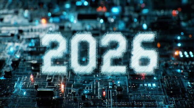 futuristic digital display with the year 2026 in glowing white numerals amidst a blurred backdrop of blue lights and circuit board patterns