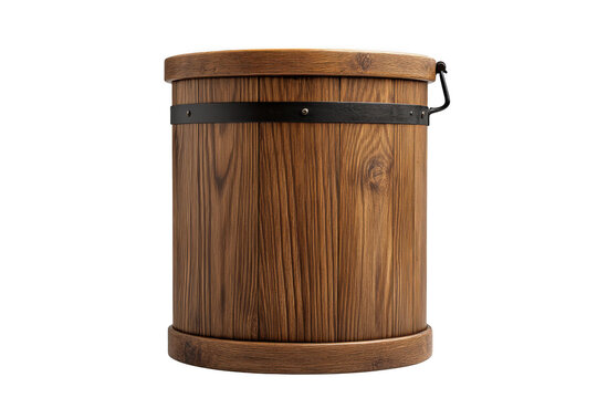 Rustic wooden barrel container with metal straps, storage solution, antique, farmhouse style, vintage decor