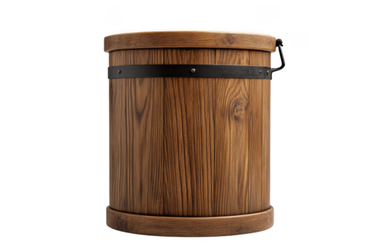 Rustic wooden barrel container with metal straps, storage solution, antique, farmhouse style, vintage decor