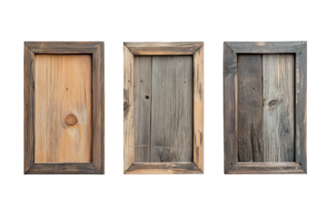 Three rustic wooden doors with weathered textures and aged frames isolated on transparent background