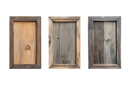 Three rustic wooden doors with weathered textures and aged frames isolated on transparent background