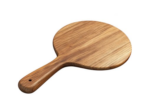 Rustic wooden round cutting board with handle for pizza or cheese serving kitchen utensil culinary tool food preparation surface isolated on transparent background