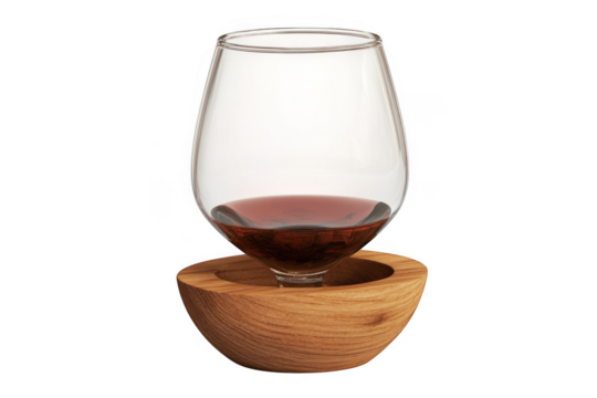 A clear glass filled with red wine resting on a rustic wooden base isolated on transparent background