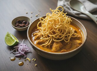 Authentic northern Thai Khao Soi noodle soup with crispy egg noodles, aromatic curry broth, tender chicken, fresh lime, chili paste and onions