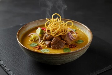 Hot steaming bowl of beef curry noodle soup featuring rich Khao Soi broth, crispy noodles, lime and herbs in traditional Thai style presentation