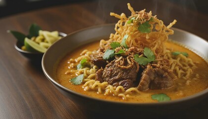 Dark rustic style photo of beef Khao Soi curry noodles with fried topping, fresh herbs and rich spicy coconut soup served in ceramic bowl