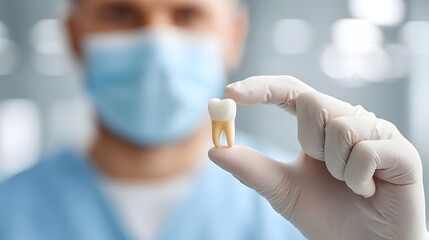 Close up of a masked dentist wearing gloves presenting a tooth model representing dental science patient care and oral hygiene education