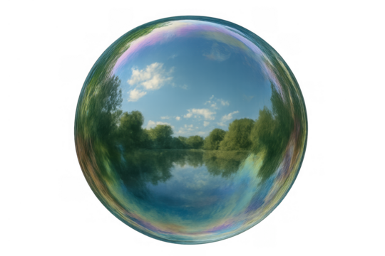 Soap bubble reflecting a blue sky, white clouds, green trees, and tranquil lake on a transparent background