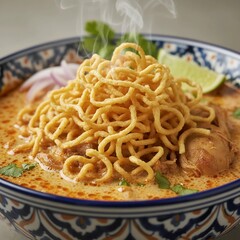 Fresh steaming bowl of Thai northern style Khao Soi chicken curry noodles with coconut broth, crispy egg noodles and vibrant lime garnish