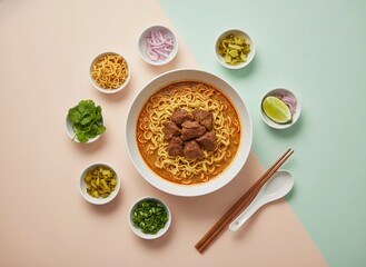 Top view colorful garnished beef Khao Soi noodle soup surrounded by fresh herbs, fried noodles and pickle bowls styled for modern cuisine