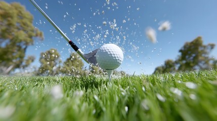 Close up dynamic view of a golf ball being hit by a club on a vibrant green golf course under a clear blue sky with motion blur and airborne grass