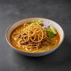 Delicious spicy beef Khao Soi noodle soup served with crisp toppings, lime and onions in warm restaurant atmosphere and modern ceramic bowl