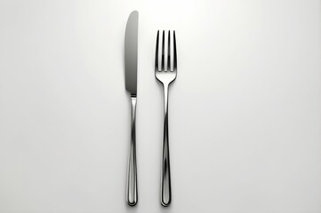 Simple studio shot of a shiny, clean knife and fork set on a bright white background