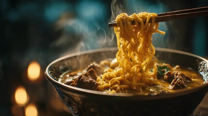 Dramatic steamy noodles lifted above bowl showcasing flavorful Khao Soi beef curry broth, herbs and spices captured with cinematic lighting