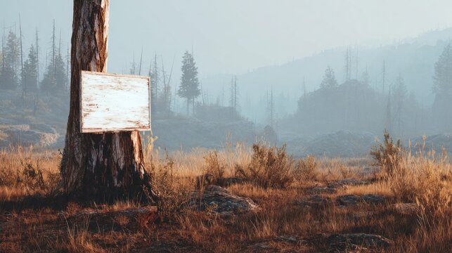 Blank sign in misty forest landscape