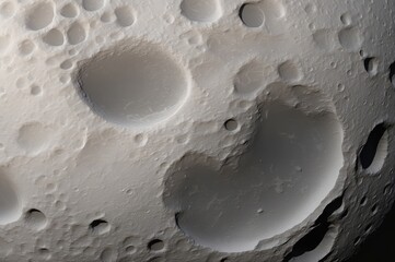 Simulated close-up of a cratered celestial body with various sized impact basins and a grayscale texture