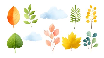 Collection of diverse watercolor illust ns featuring autumnal leaves in shades of orange yellow and pink alongside delicate blue clouds creating a gentle and natural seasonal theme