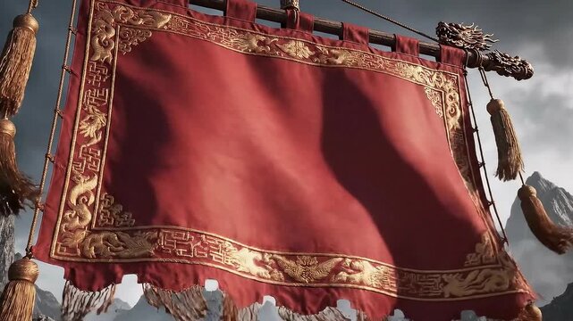 A detailed close-up view of an ornate red banner with golden embroidered borders featuring mythical creatures hanging from a decorative pole with dragon-head finials against a cloudy sky