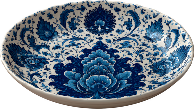 Blue and White Floral Bowl, isolated on transparent background