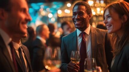business professionals socializing networking drinks evening event people wearing suits enjoying conversation celebrating achievement friends colleagues corporate party festive atmosphere with