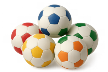 Group of soccer balls against transparent background, team sports equipment for game, competition, training, championship