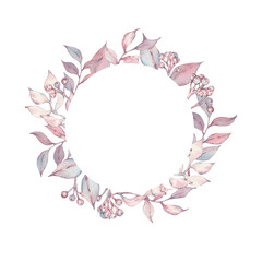 Watercolor round frame with purple branches and leaves. Frame with space for text. Illustration of pink and purple branches and leaves, berries, rowan and chokeberries. Holiday card, invitation.