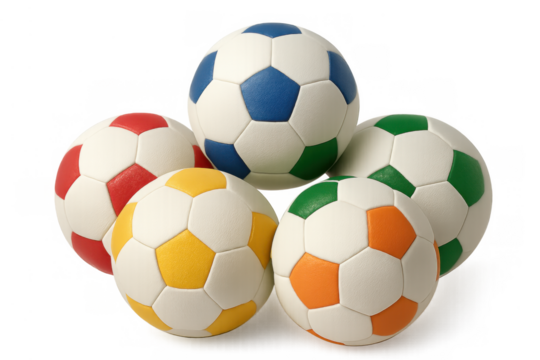 Group of soccer balls against transparent background, team sports equipment for game, competition, training, championship