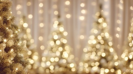 Face in focus against soft white background with blurred Christmas trees adorned in golden lights, creating enchanting festive atmosphere perfect for holiday celebrations and seasonal portraits.