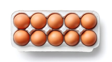Top view of a white cardboard egg carton filled with twelve fresh brown chicken eggs presented on a clean white surface