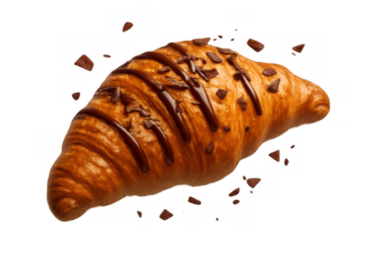 Chocolate croissant with drizzled chocolate sauce and flying flakes, sweet pastry, breakfast food item on transparent background