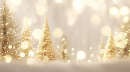 Face in focus against soft white background with blurred Christmas trees adorned in golden lights, creating enchanting festive atmosphere perfect for holiday celebrations and seasonal portraits.