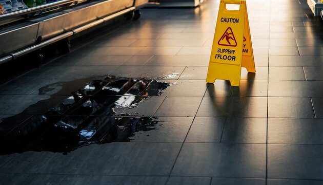 Oil spill on a supermarket floor with a yellow caution sign nearby, illustrating a slip hazard and safety warning scenario.