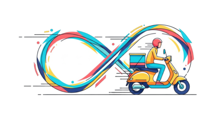 Delivery scooter rider with infinity symbol trail representing continuous service.