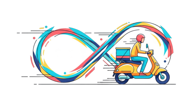 Delivery scooter rider with infinity symbol trail representing continuous service.