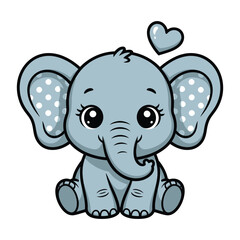 Naklejka premium Cute baby elephant sitting with a heart, isolated on adorable cartoon animal with big eyes and polka dot ears for kids design and decoration