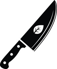 Black chef s knife with leaf emblem on blade