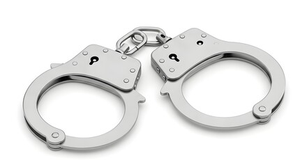 Shiny silver handcuffs with chain representing law enforcement arrest crime and restriction on a clean white background symbolizing justice