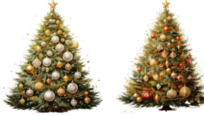 Elegant Holiday Tree Set with White and Gold Ornament Styles isolated on transparent background