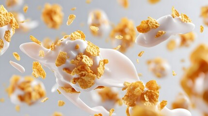 Obraz premium Close up of crunchy golden cereal flakes suspended in dynamic splashes and swirls of smooth white yogurt evoking a sense of healthy refreshing breakfast motion