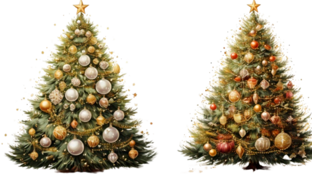 Elegant Holiday Tree Set with White and Gold Ornament Styles isolated on transparent background