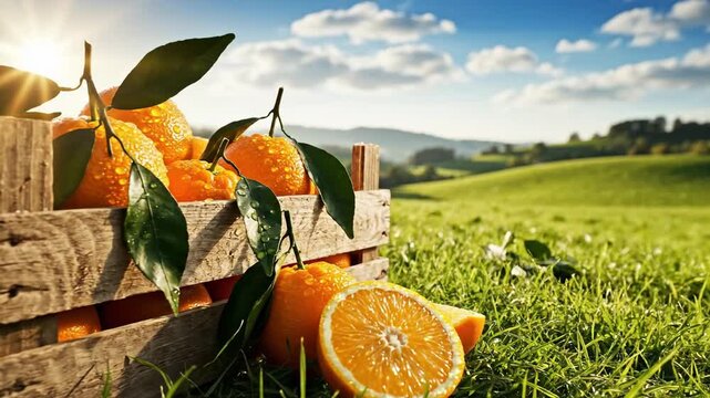 Fresh Oranges in Wooden Crate on Sunny Green Field.