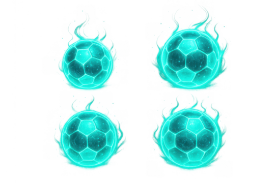 Soccer ball glowing with cyan energy effect, magic orb for sports game, power, and mystical football action